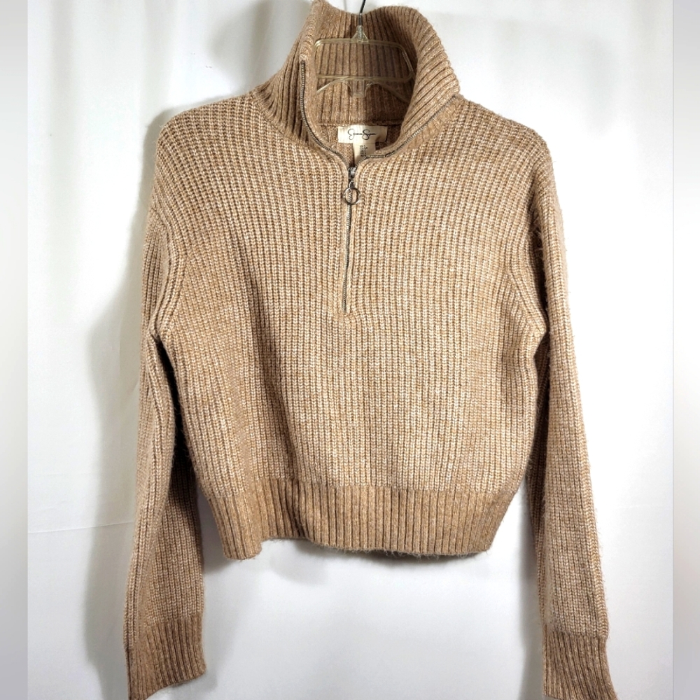 Jessica Simpson tan knit 1/4 zip sweater women's S  #1340